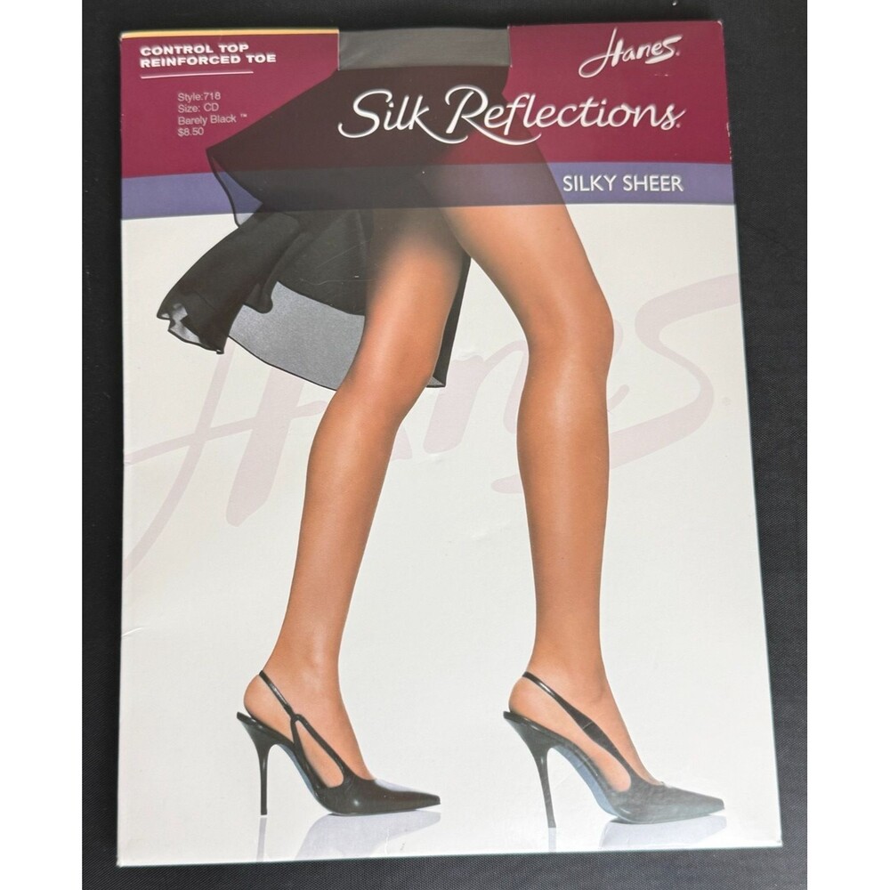Hanes Silk Reflections Control Top Pantyhose C D Black Sheer Reinforced Toe New